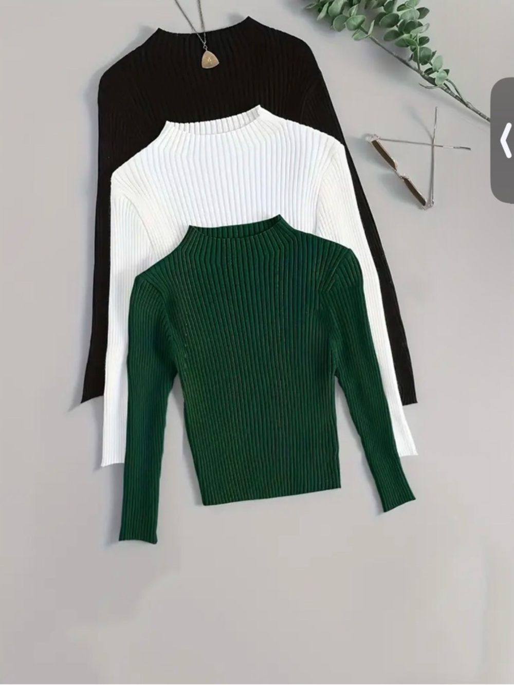 Ribbed Cowl-Neck Sweater Trio — Green, White & Black